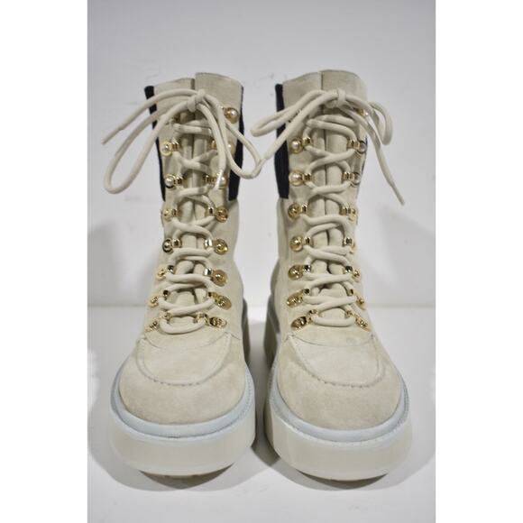 Chanel 21K Ivory Suede Black Platform Combat Lace Up Ankle Short Moto Boot 40.5 - Picture 7 of 12